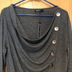 NWT Vintage Patty Boutique Gray Sweater Buttons Cascade Waterfall Neckline XL
